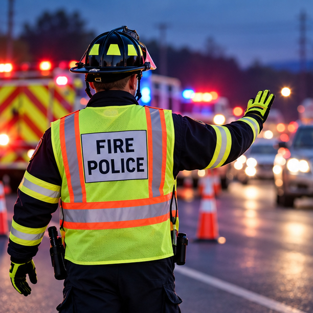 Fire police officer directing traffic at an emergency scene