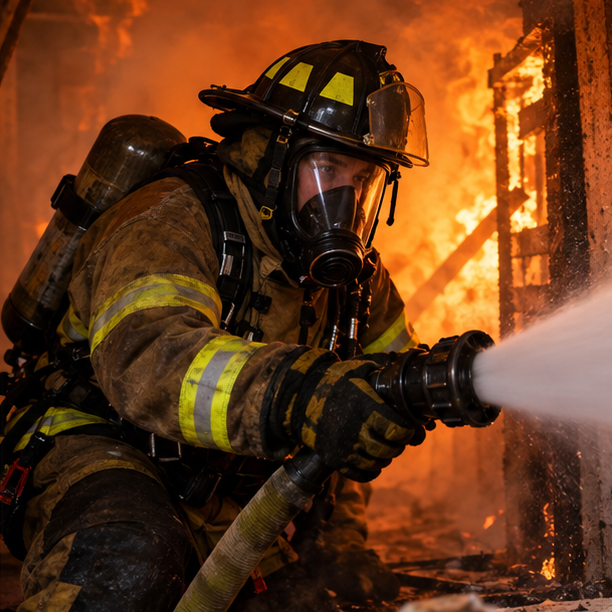 Interior firefighter advancing a hose line on an active structure fire