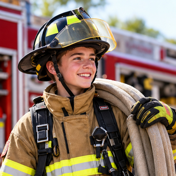 Junior firefighter carrying hose in front of a fire engine